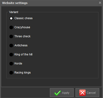 chess website settings window