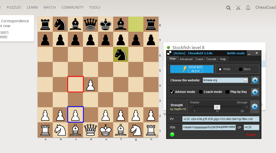 Advisor show best move at lichess (one variation enabled)